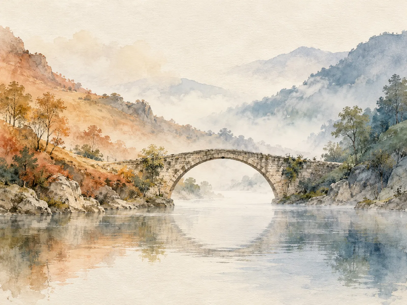 Watercolor of a stone arch bridge over a misty river