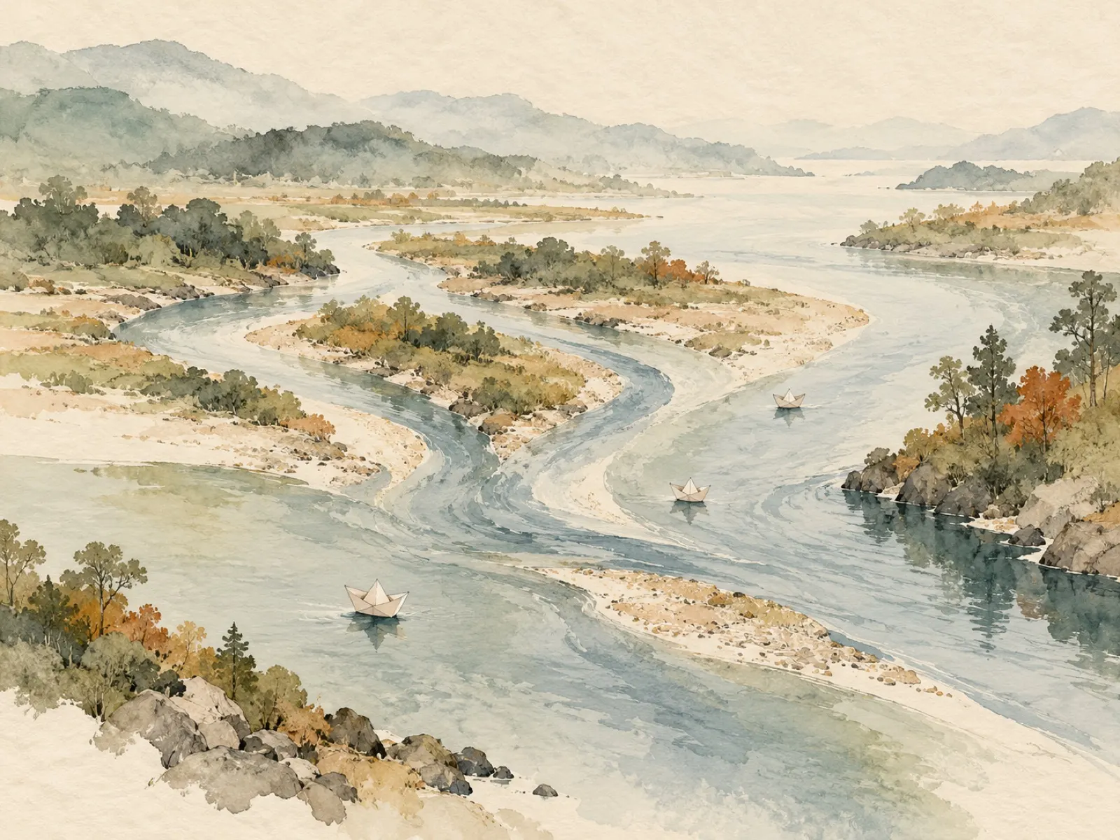 Watercolor of a river splitting into streams with paper boats