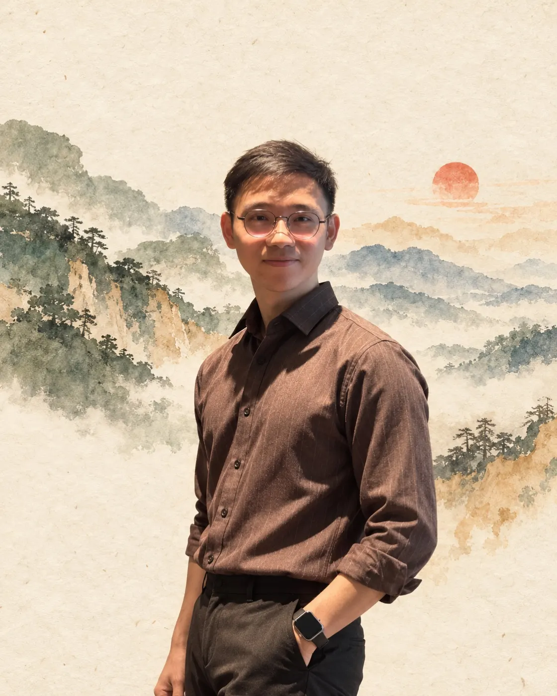 Portrait of Stanley in a brown shirt, in front of a watercolor mountain landscape